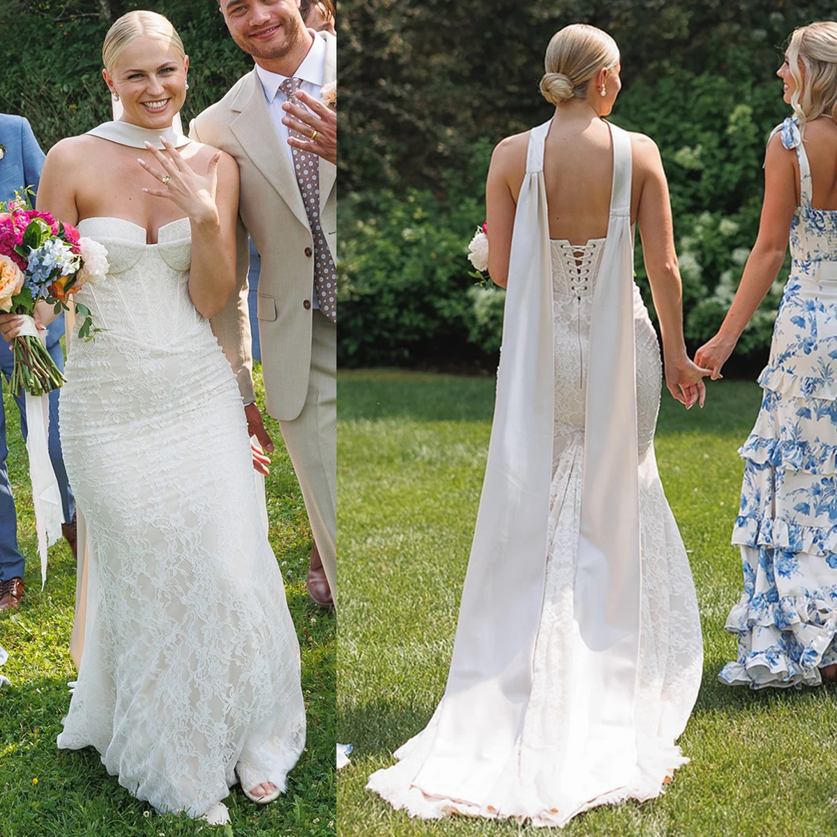 Sweetheart Fitted Wedding Dress Plus Size Customized Strapless Satin Neck Scarf Corset Tight Allover Lace Boned Bridal Gowns