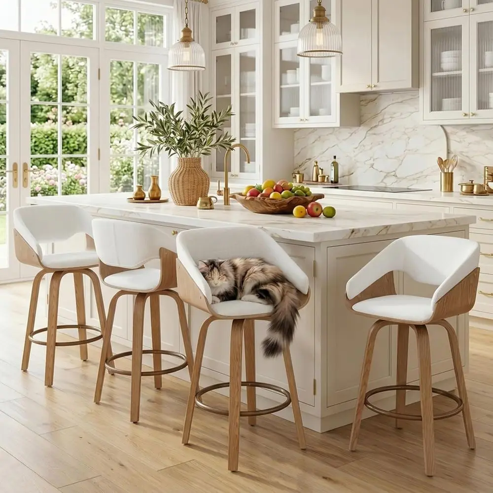 

Набор из 4 белых льняных вращающихся барных стульев со спинкой, подходящих для барной стойки, кухонного острова и домашнего бара