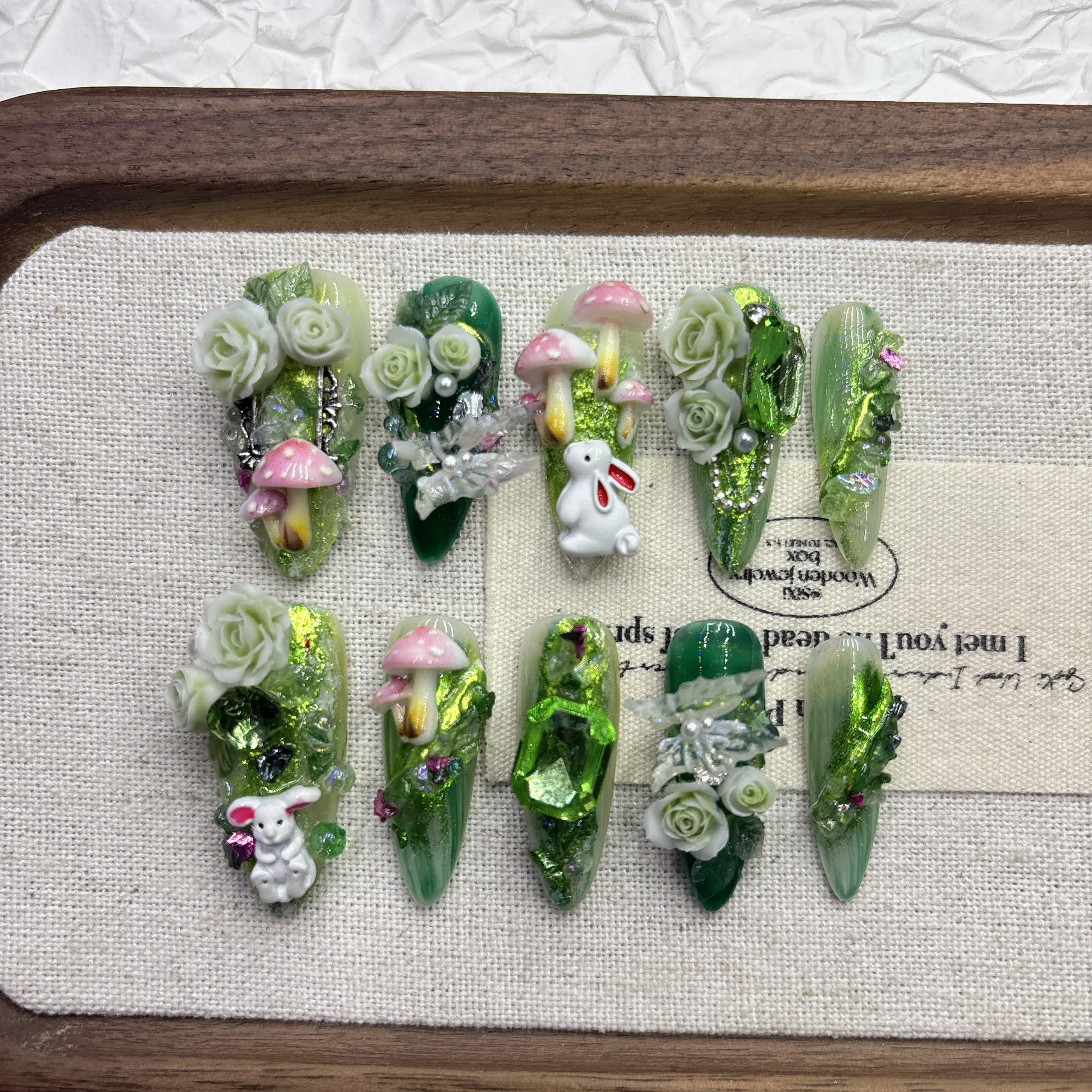 Wizard of Oz Press On Nails Long Stiletto 3D White Rose Pink Mushroom Rabbit Charms Green Pearl Nail Art Set