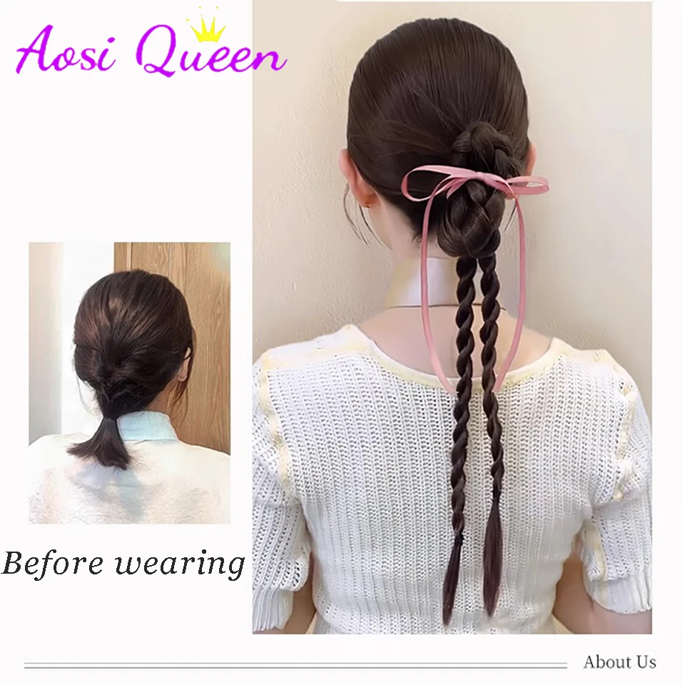 AOSI  French Ribbon Twist Ponytail Natural Hair Circle Style Playful Boxing Braid Ponytail Wig