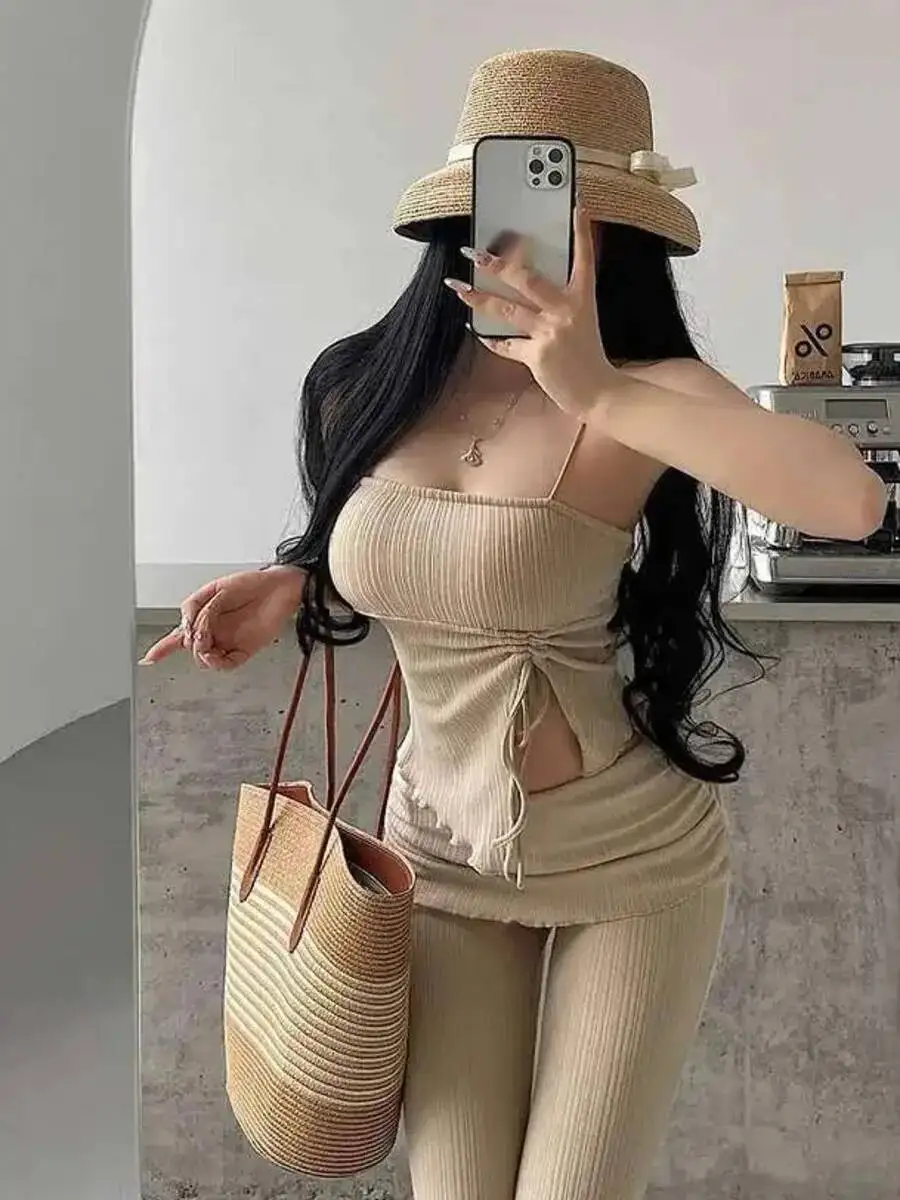 

Pure Desire Wind Разделенный Драпированный Нагрудный Подушка Ремень Майка Высокая Талия Двойная Складная Талия Повседневные Напольные Брюки Комплект 295P