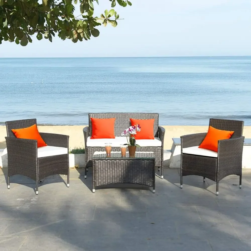 4-Piece Rattan Outdoor Patio Furniture Set with Cushions, Tempered Glass Top, Suitable for Garden, Lawn, Balcony, and Backyard.