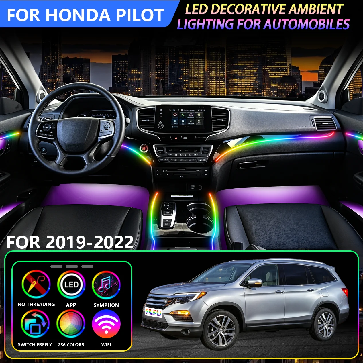 Car Color Cycle Mode Rhythm LED Atmosphere Light, Fit For Honda Pilot 2019-2022 Models, Auto Sync Music Flash Neon Light Strip, Car Interior Modification Decoration, 256 Dynamic Lighting Modes