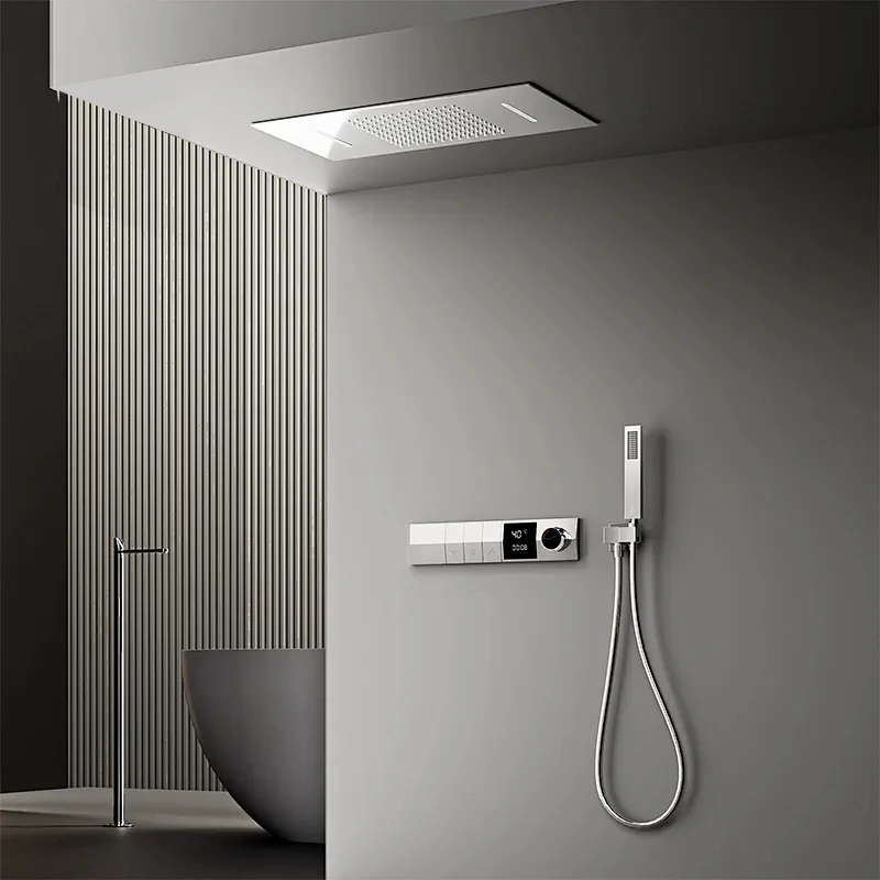 Luxury Ceiling 630*330 MM Waterfall Rain Shower Head Set Gun Gray 4 Way Thermostatic Brass Square Modern Shower Full System Body