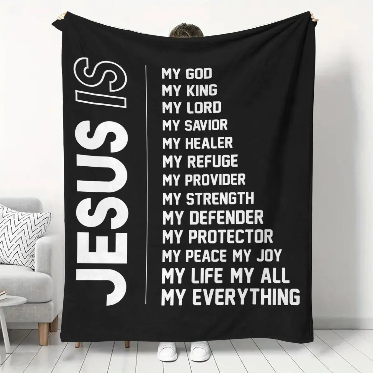 1 Jesus Is My Everything Blanket 2D Printed Soft Cozy Black White Christian Flannel Throw Blanket for Sofa Bed Living Room Gift