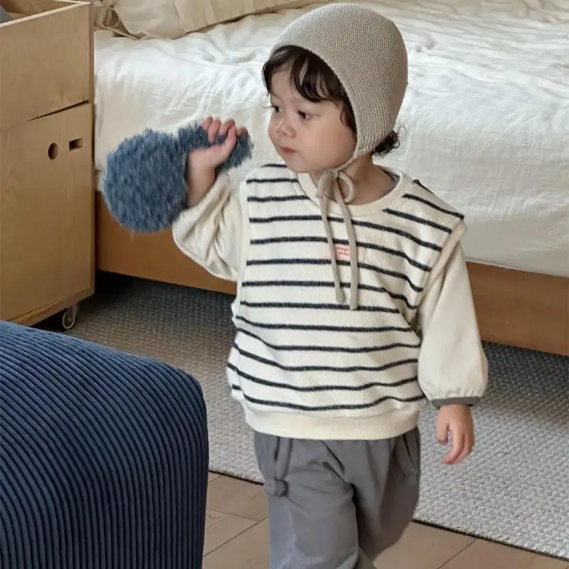 2025 Autumn New Baby Sleeveless Striped Sweatshirt Cotton Boys Casual Vest Infant Girl Loose Pullover Toddler Versatile Tops