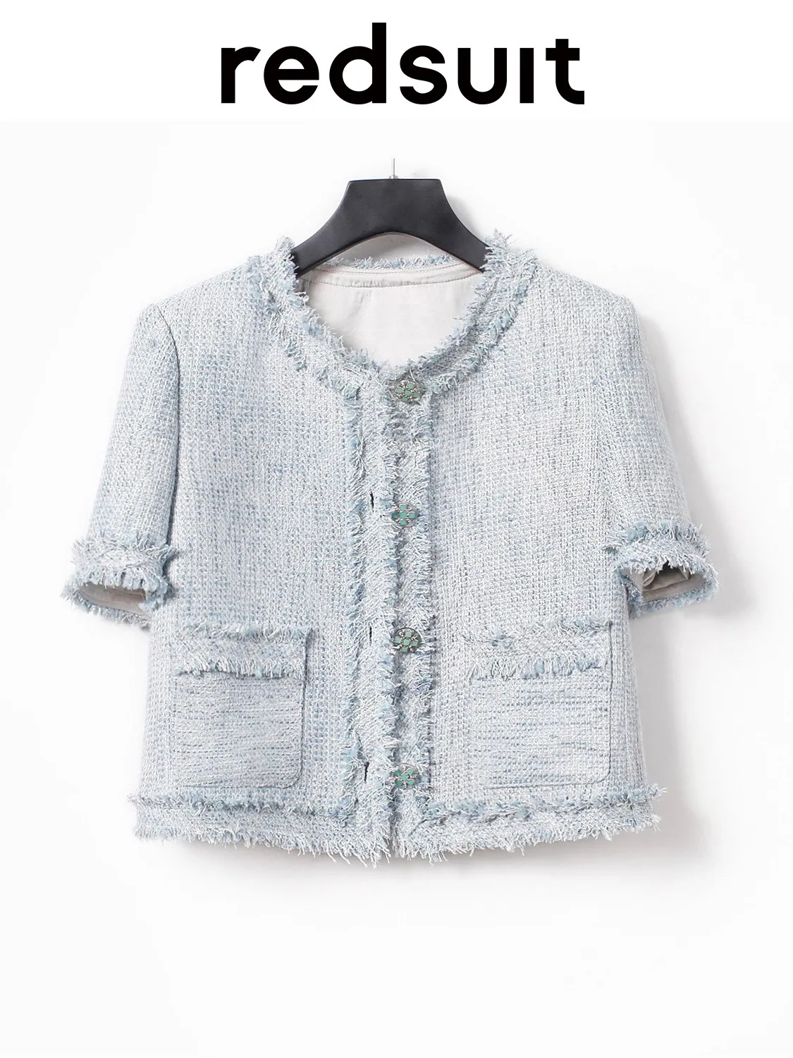 New Blue jacket fashionable patchwork short sleeved round neck fringed top Custom Sizes