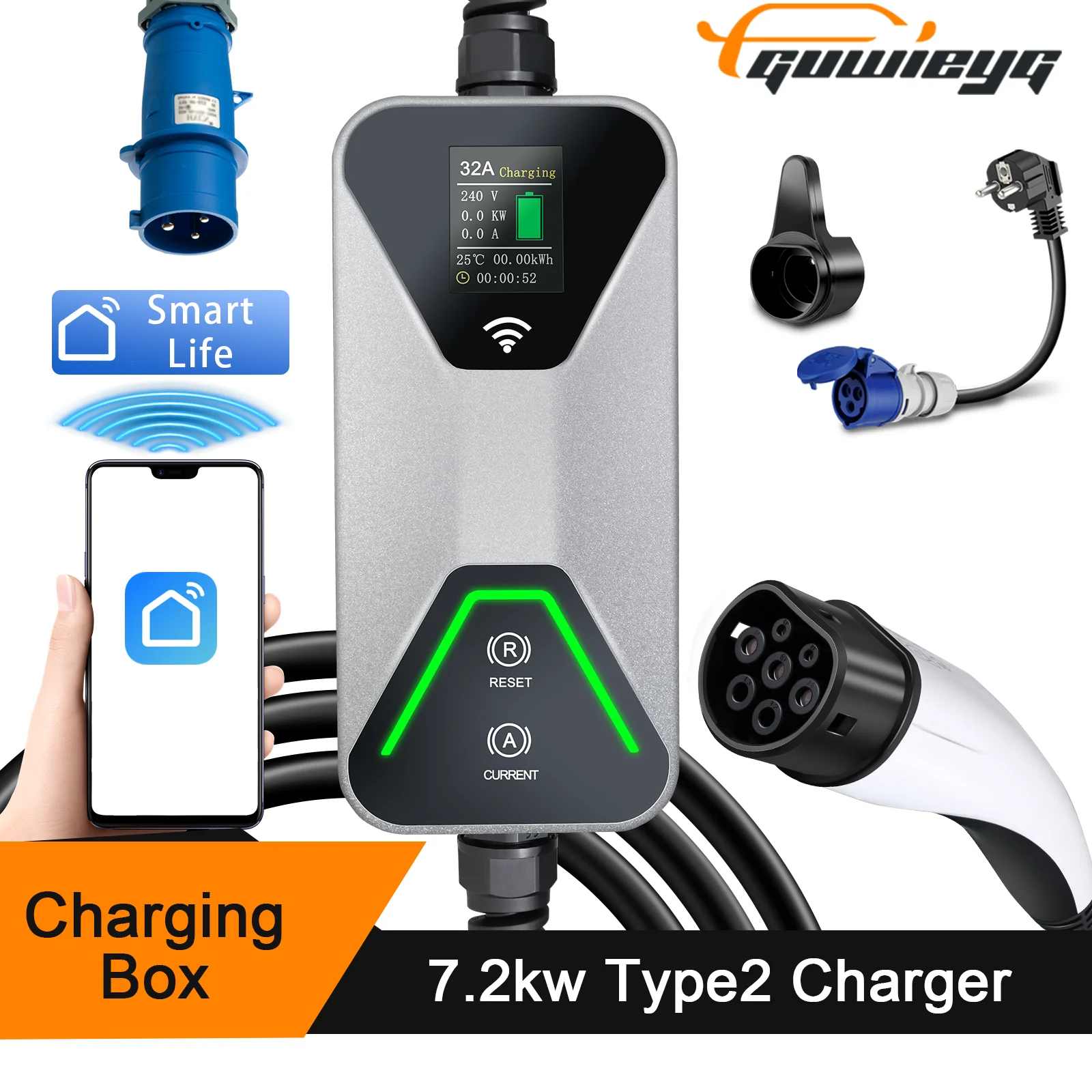 GUWIEYG-EVポータブル充電器,急速充電ケーブル,iec62196ウォールボックス,電気自動車タイプ2,7.2kw