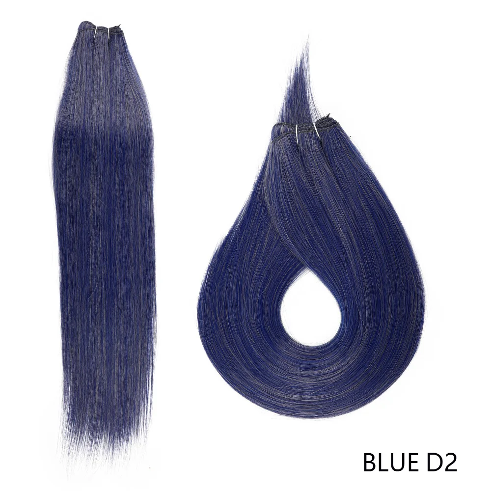 Bundles de cheveux raides bleus, Extensions de cheveux naturels de salon, Fausse fibre, Cheveux raides synthétiques colorés Yaki, Tissage complet à la fin