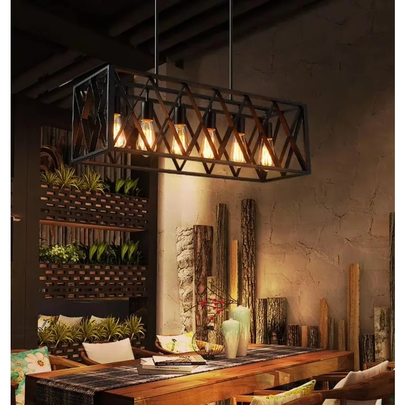 Light Modern Farmhouse Chandelier Industrial Black Rectangular Chandeliers Antique Linear Pendant Ceiling Light Fixture