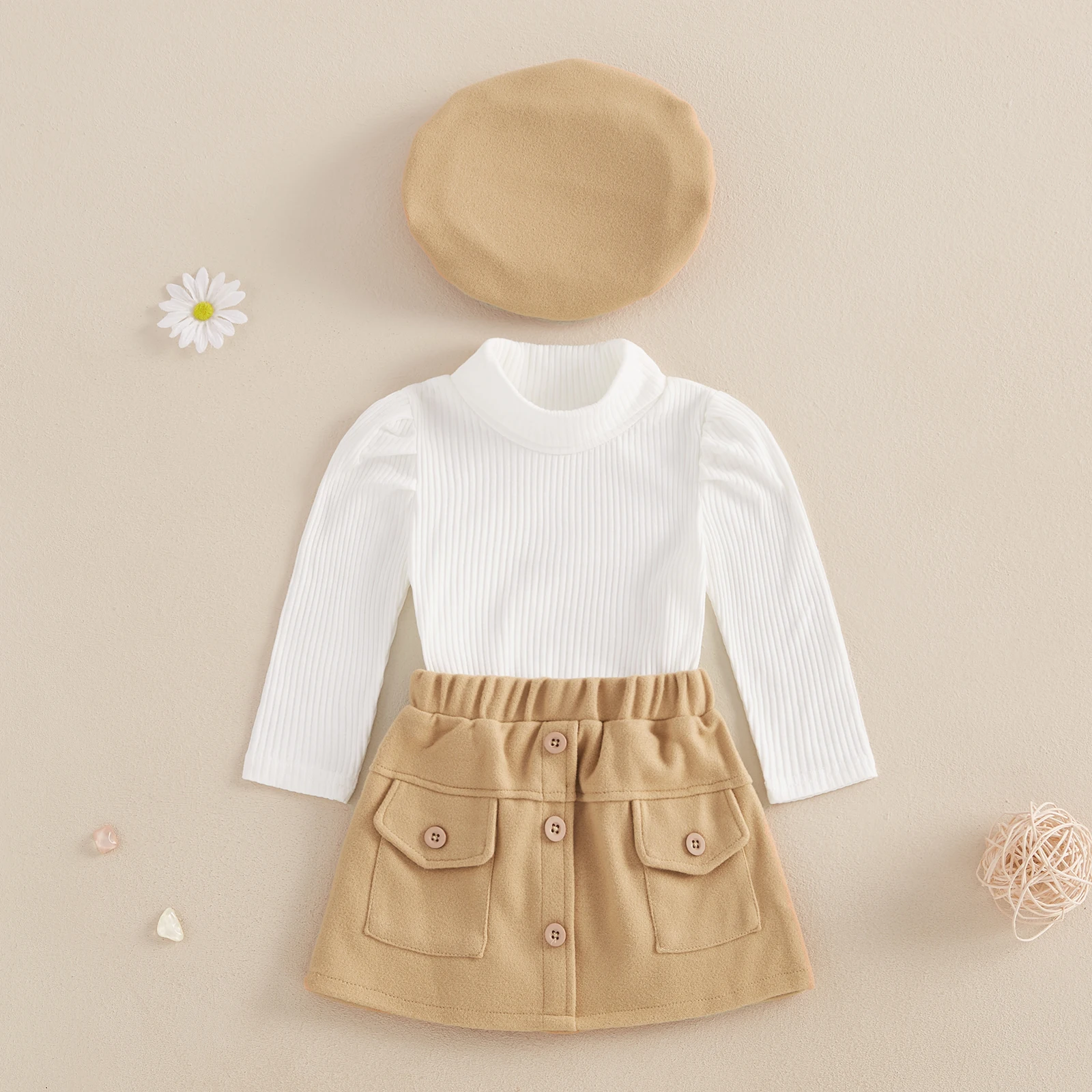 Kids Girls 3 Piece Outfits Elegant Autumn Long Sleeves High Neck Ribbed Tops and Elastic Skirt with Beret Hat Party Girl Sets