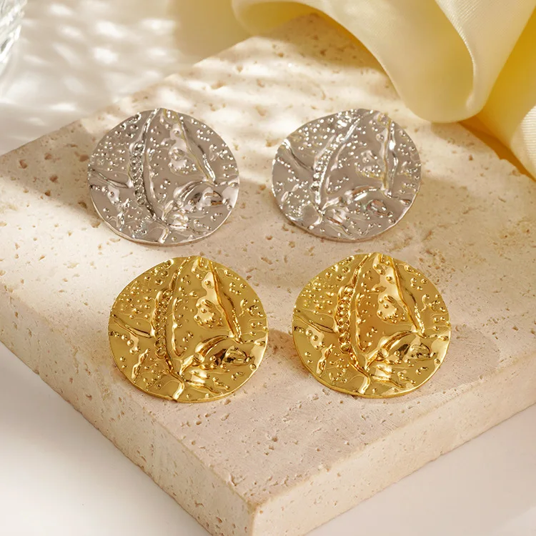 Round Concave Titanium Steel Plated 18k Gold Stud Earrings