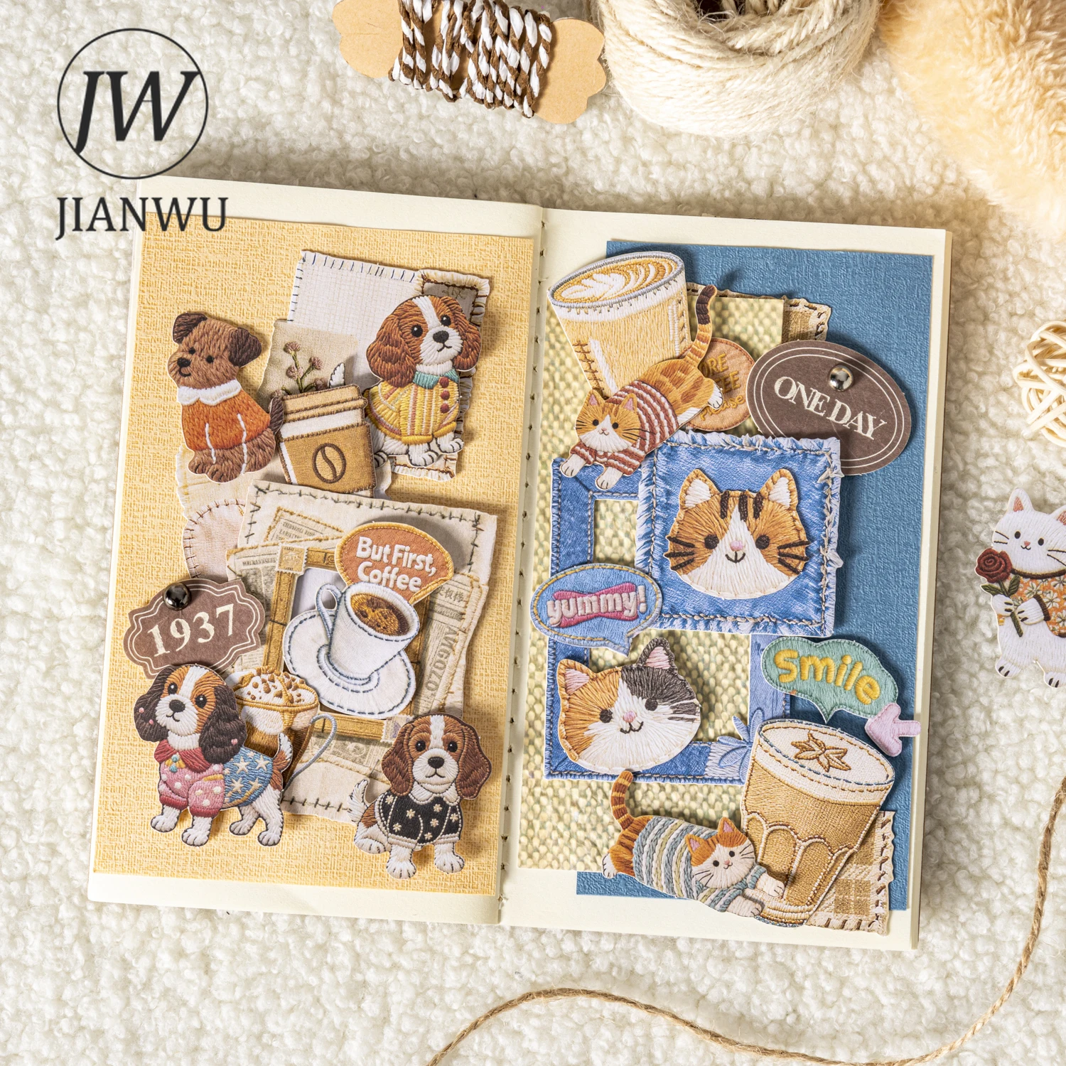 JIANWU غامض التطريز Cuties سلسلة Kawaii القط الكلب الحيوانات الأليفة المشهد المواد ملصق الكولاج الإبداعية DIY مجلة القرطاسية