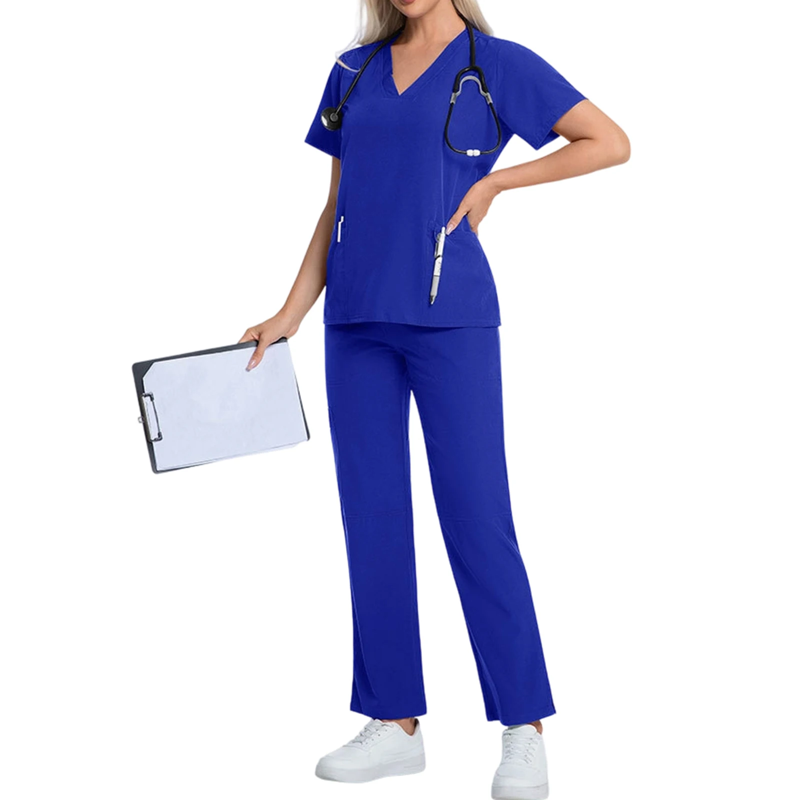 

Women's Nurse Scrub Set V-Neck Short Sleeve Multi-Color Pocket Medical Uniform Comfortable Healthcare Professional Outfit
