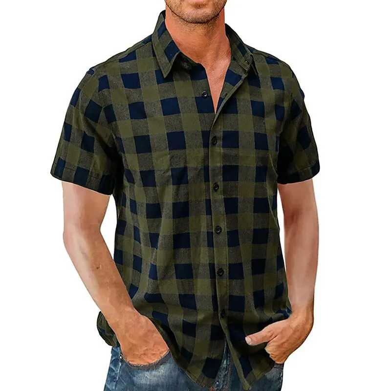 Men\'s Summer Shirts Casual Loose Short Sleeves Plaid Lapel Street Resort Wear Fashionable Comfort Soft Design Hawaiian Tops