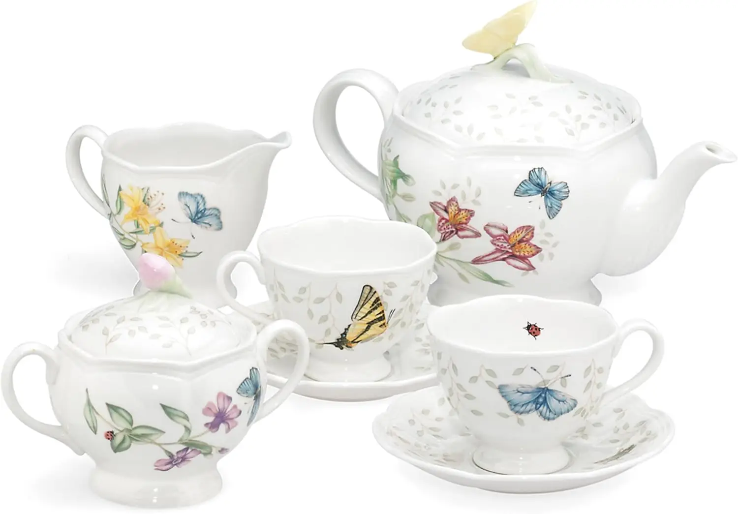 Butterfly Meadow 8-Piece Tea Set for 2, White Porcelain with Scalloped Rims - Elegant Everyday Use