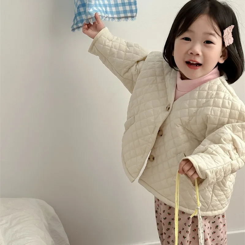 2023 Winter New Product for Boys and Girls with Velvet and Cotton Clip Children's String Embroidery Small Plaid Cotton Coat