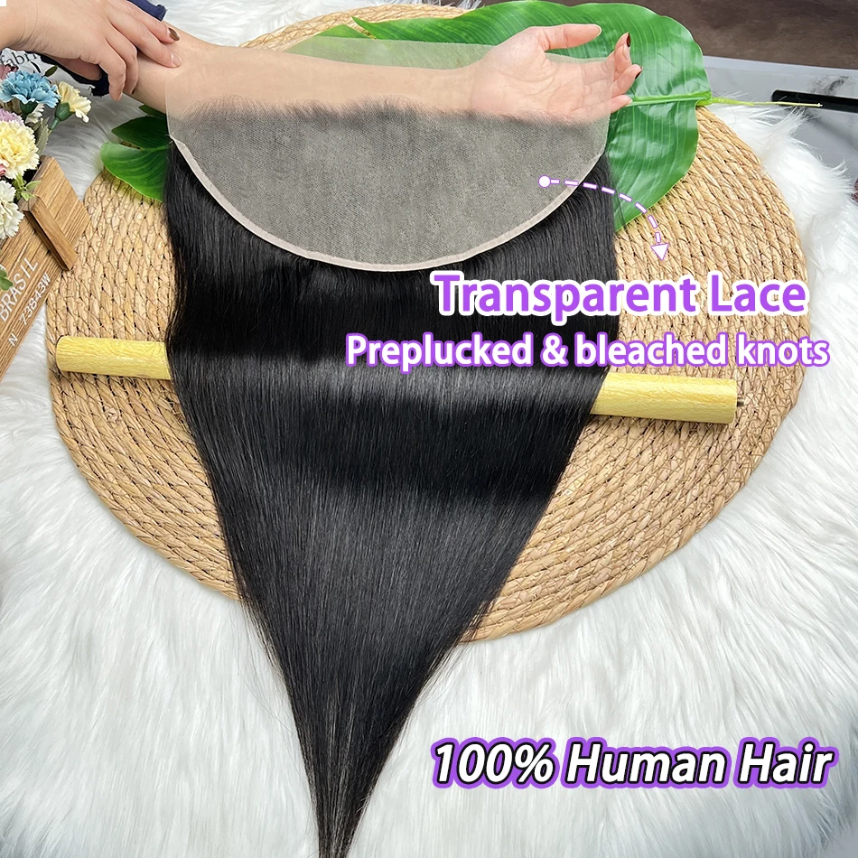13x6 Transparent Lace Frontal Straight Human Hair Natural Black Color Preplucked Bleached Knots Lace 100% Raw Virgin Human Hair