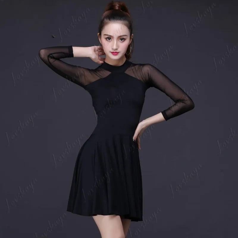 

Платье для латинских танцев, женская тренировочная одежда для взрослых, новая плиссированная юбка, сетчатая пряжа, одежда с длинными рукавами для социальных танцев