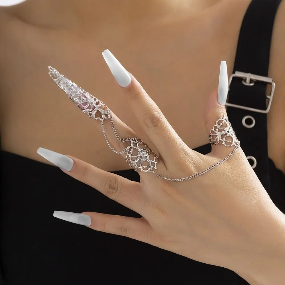 Niche Punk Triangle Crown Hollow Out Cone Silver Gold Tassels Nail Cover Rings Finger Bracelet Chain Finger Ring Women Jewelry