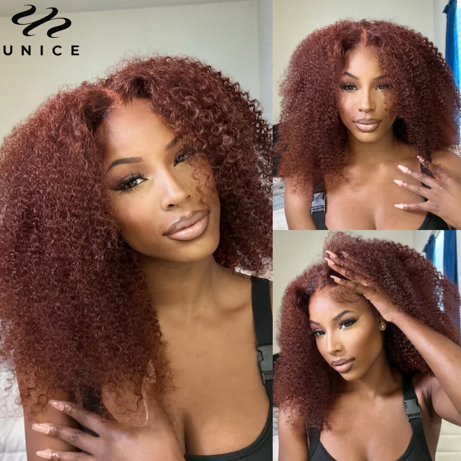 Unice Hair Reddish Brown Kinky Curly 7x5 Lace Wig Pre Cut Pre Bleached Pre Plucked Glueless Wig