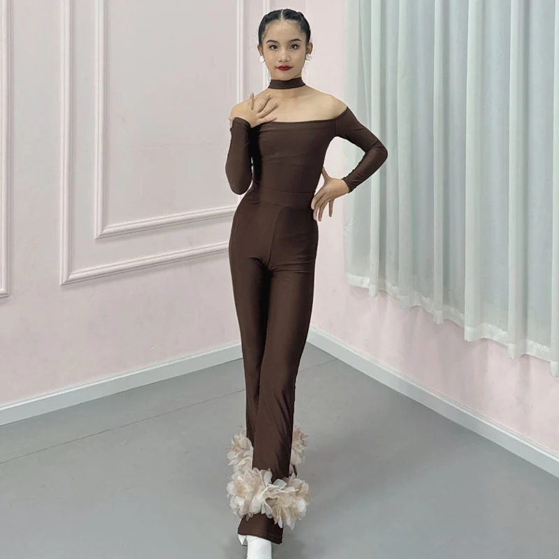 Kids Latin Dance Clothes Girls Long Sleeves Brown Tops Pants Practice Suit Cha Cha Ballroom Dance Performance Clothing DNV22004