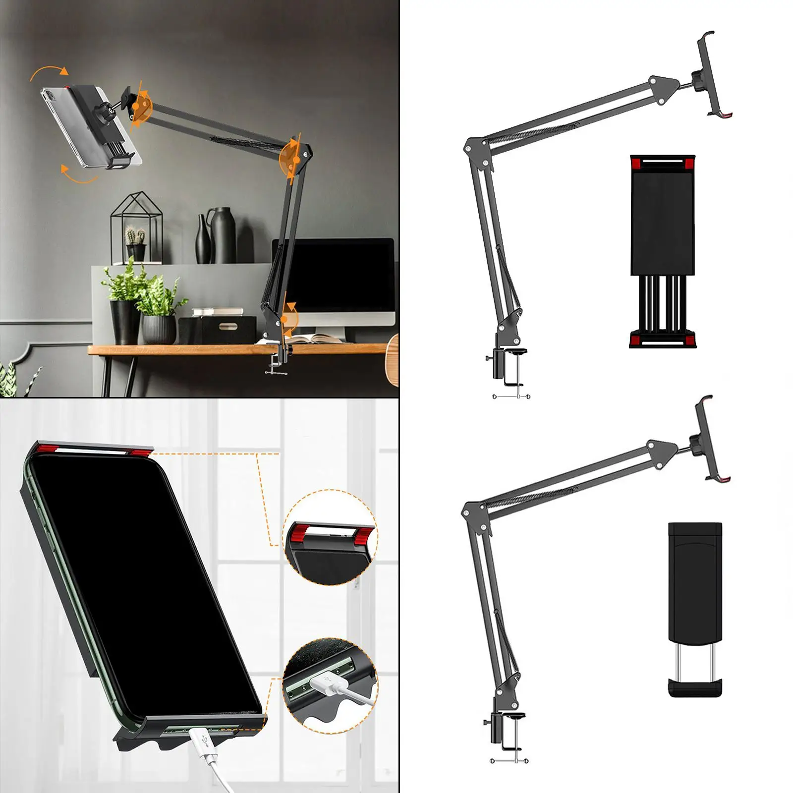 حامل هاتف لوحي بذراع دوار قابل للطي مع حامل مكتبي بمشبك، سهل التركيب والاستخدام #3
