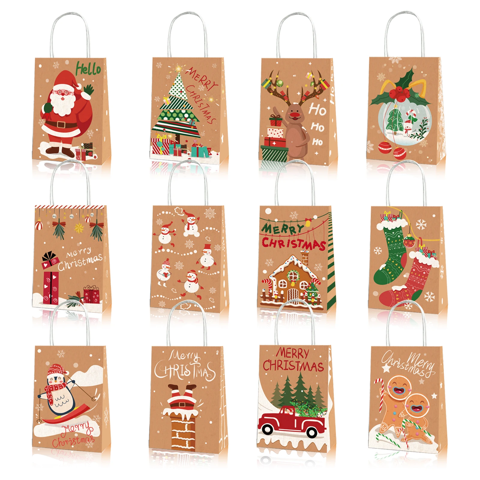 

BD055 12Pcs Winter Happy Xmas Christmas Snowman Party Portable Packing Paper Kraft Tote Gift Bags New Year Party Decorations