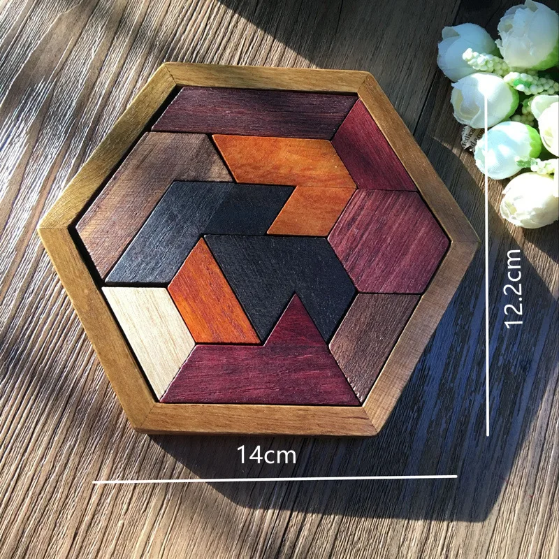 Sechseckiges Tangram-Puzzle aus Holz, Denksportaufgaben für Erwachsene und Kinder, IQ-Test, Herausforderung, Logikspiele, Rompecabezas De Madera