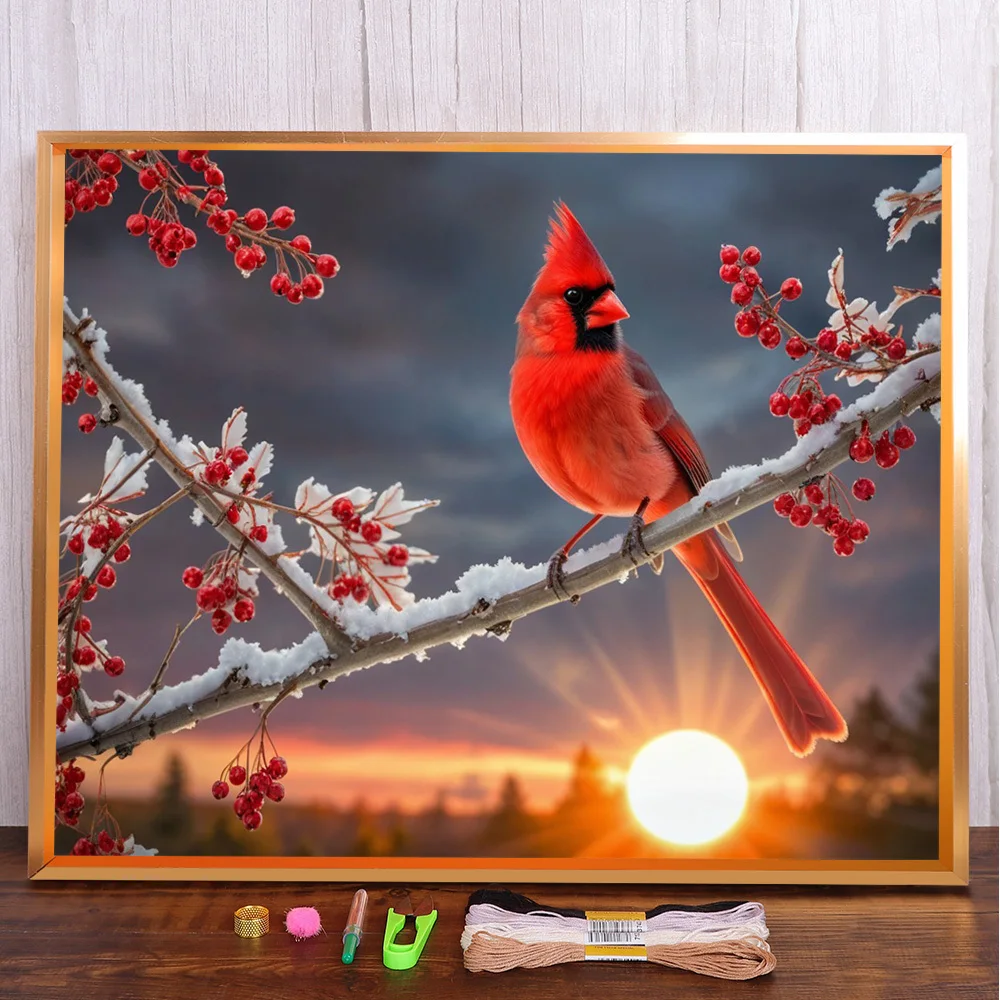 Bird Cardinal Printed Fabric Cross Stitch Embroidery Full Kit Knitting Needlework Sewing Handmade Mulina Promotions Home Decor