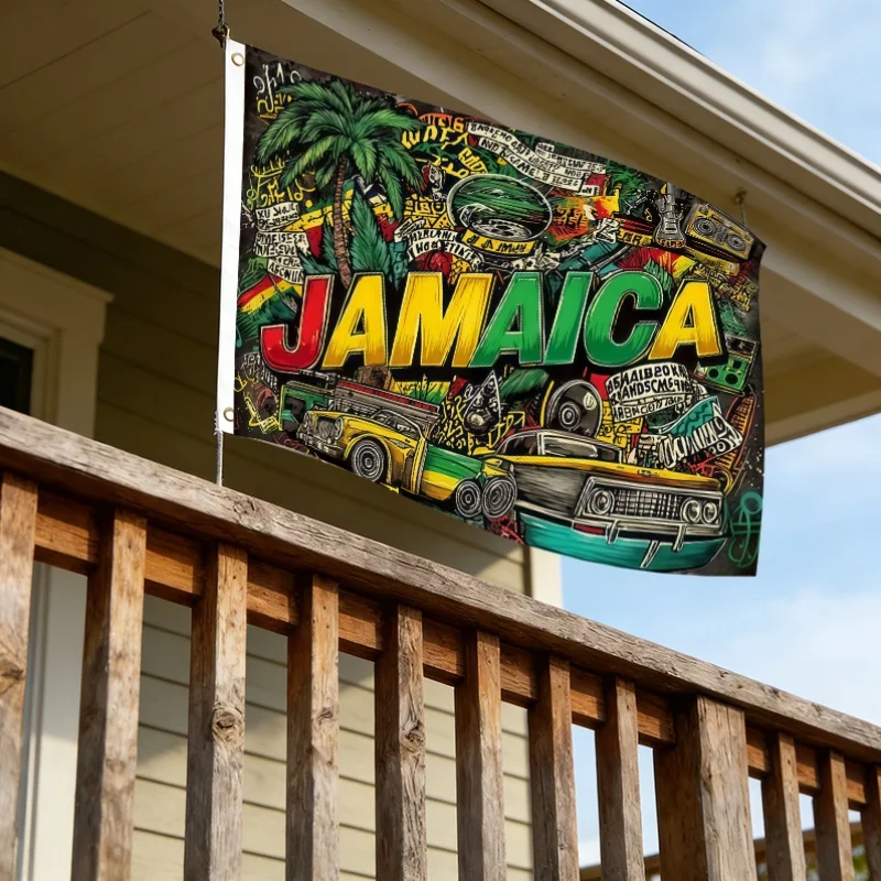 Jamaica Reggae Graffiti Flag Palm Tree Vintage Car Design Outdoor Decor Flag