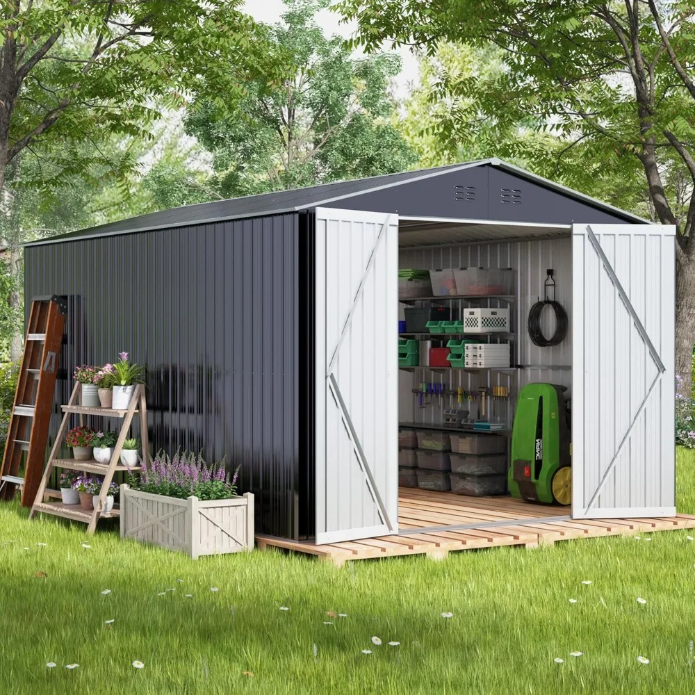 8x12 FT Outdoor Storage Shed, Large Metal Tool Sheds with Updated Frame Structure and Lockable Doors, Garden Shed for Backyard G