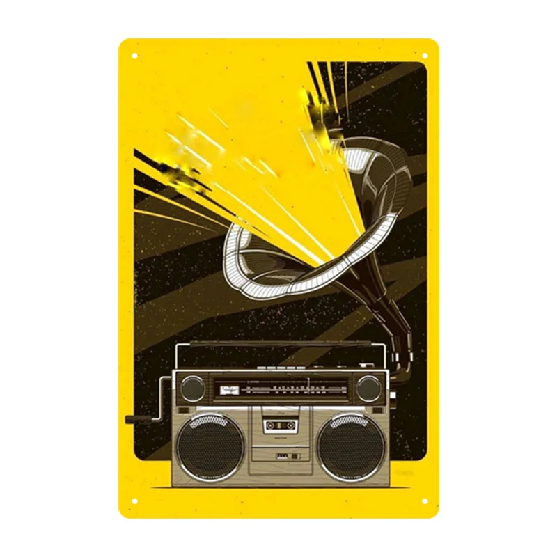 Vintage Music Cassette Film Tin Metal Sign - es, Iron Wall Hanging Art Poster with Boombox & Glitch Design for Home, Cafe, Gara