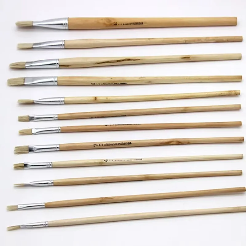 12 Pcs/set Natural Wood Rod Pig Bristle Hard Hair Flat Head Row Paintbrush Watercolor Brush Acrylic Paints Brush Art Supplies