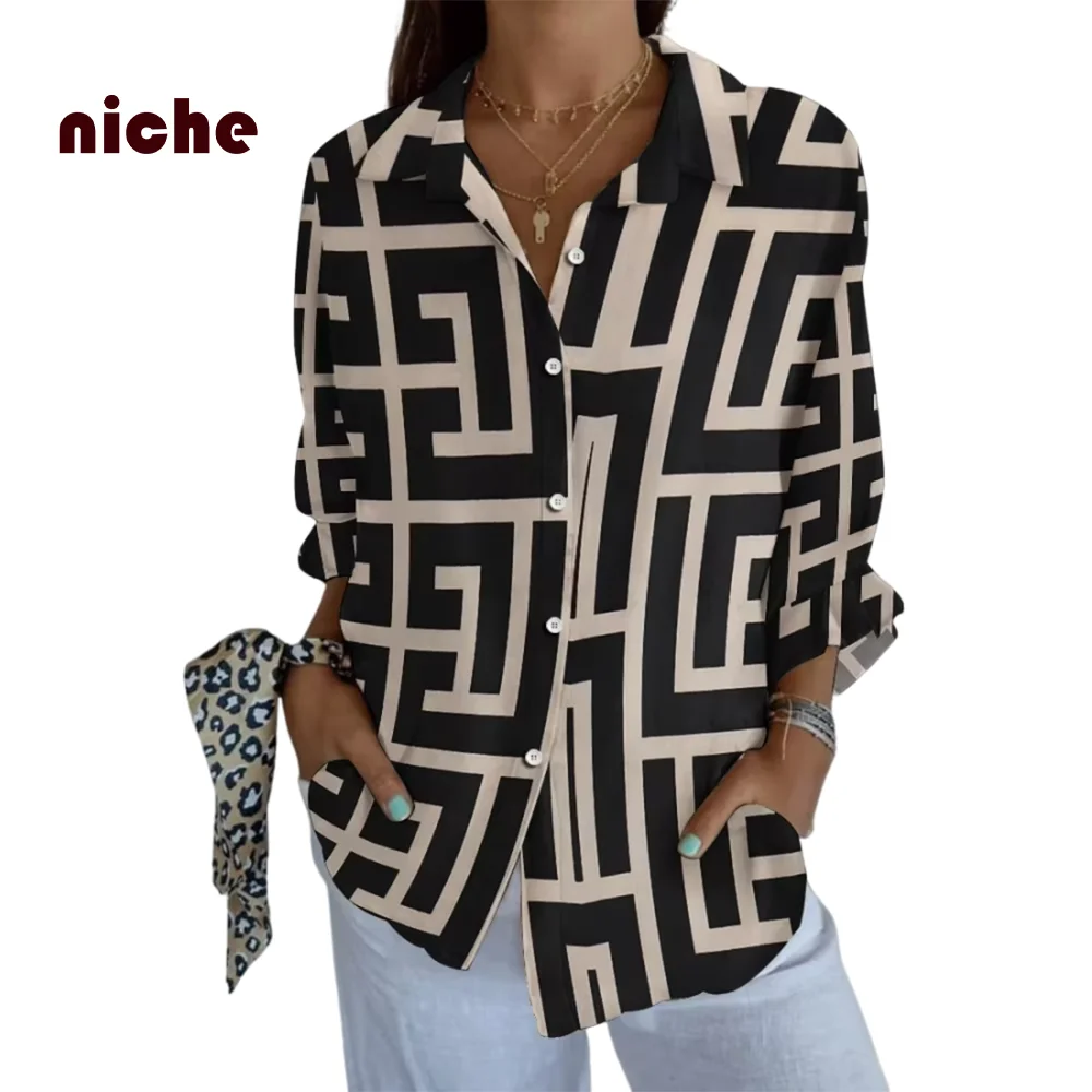 Dames Casual Shirt Eenvoudige Lijn Geometrische Print Elegante Dames Lange Mouw Mode Nieuwe Trend Polokraag 2024