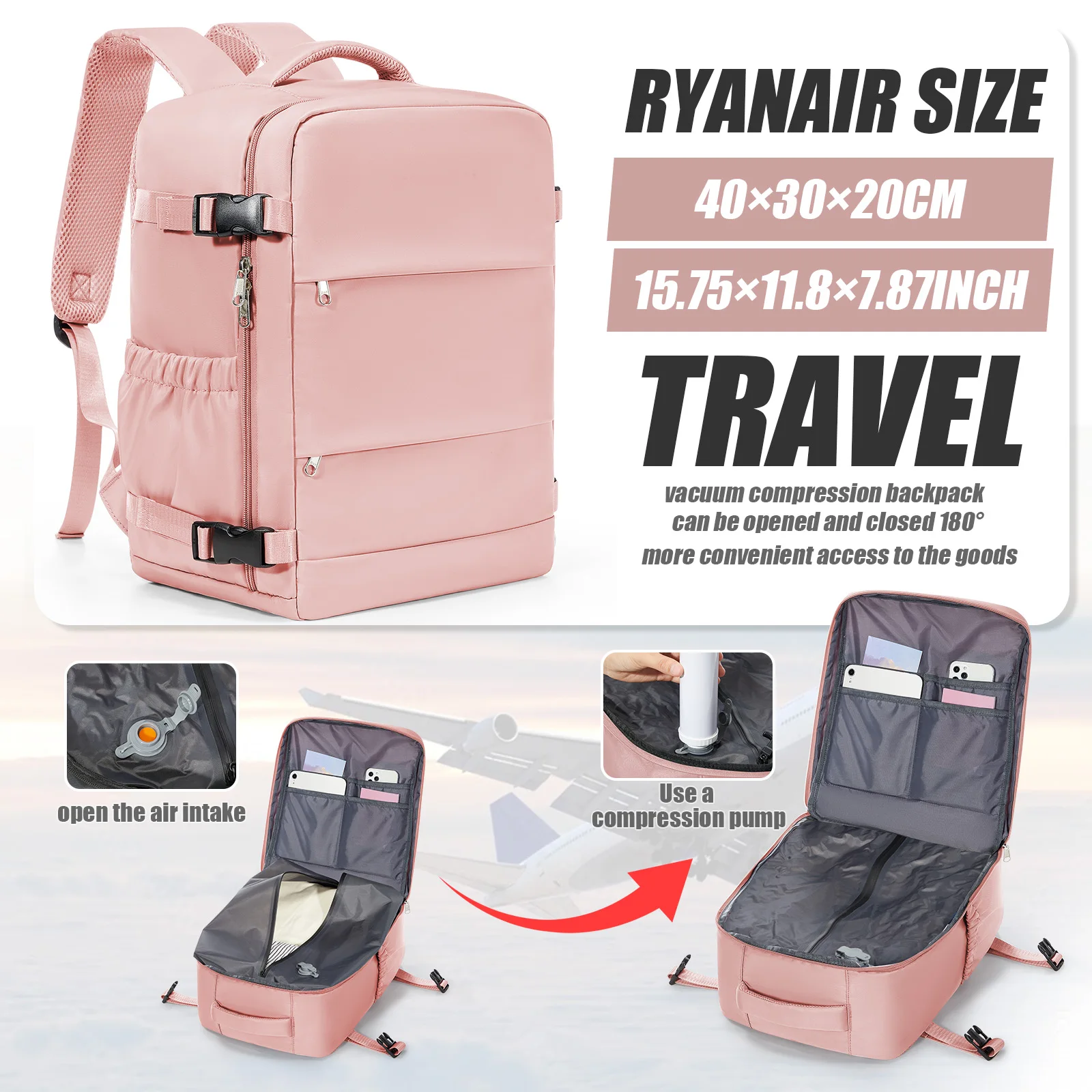 Vacuümrugzak Ryanair 40x30x20 Reisrugzak Korte afstand Zakelijk WizAir Cabin Bag 15,6-inch laptoptas, vrijetijdsrugzak voor heren
