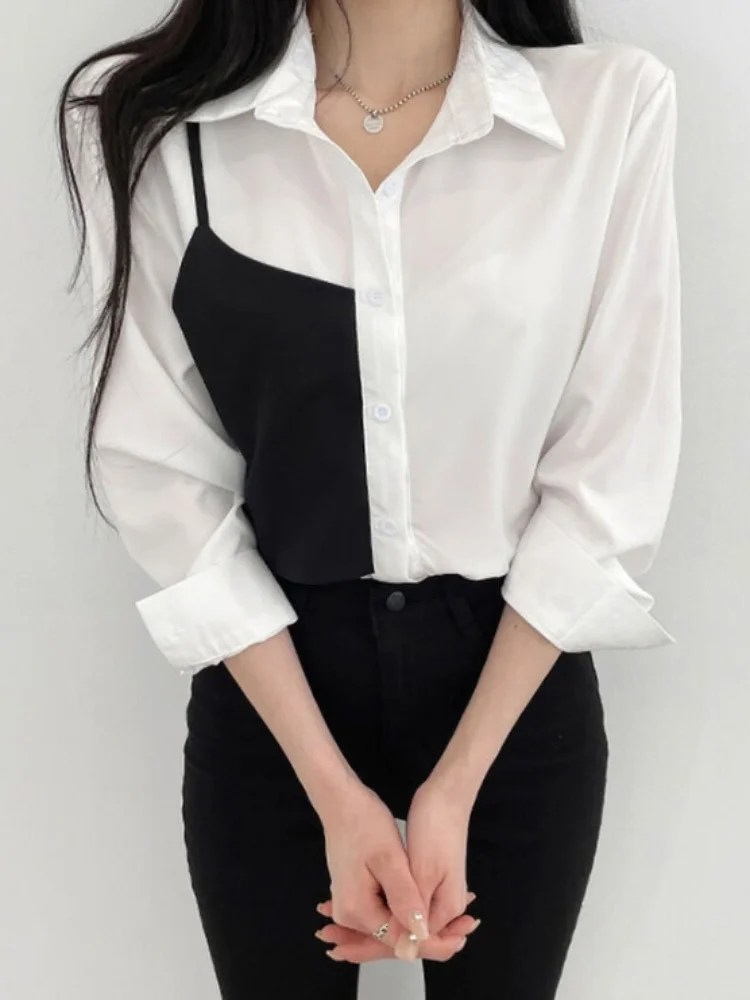 Csa de Manga Larga con Diseño Asimétrico Chic, Cierre de un Solo Botón, Bloques de Color, Estilo de Dos Piezas Falsas, par...