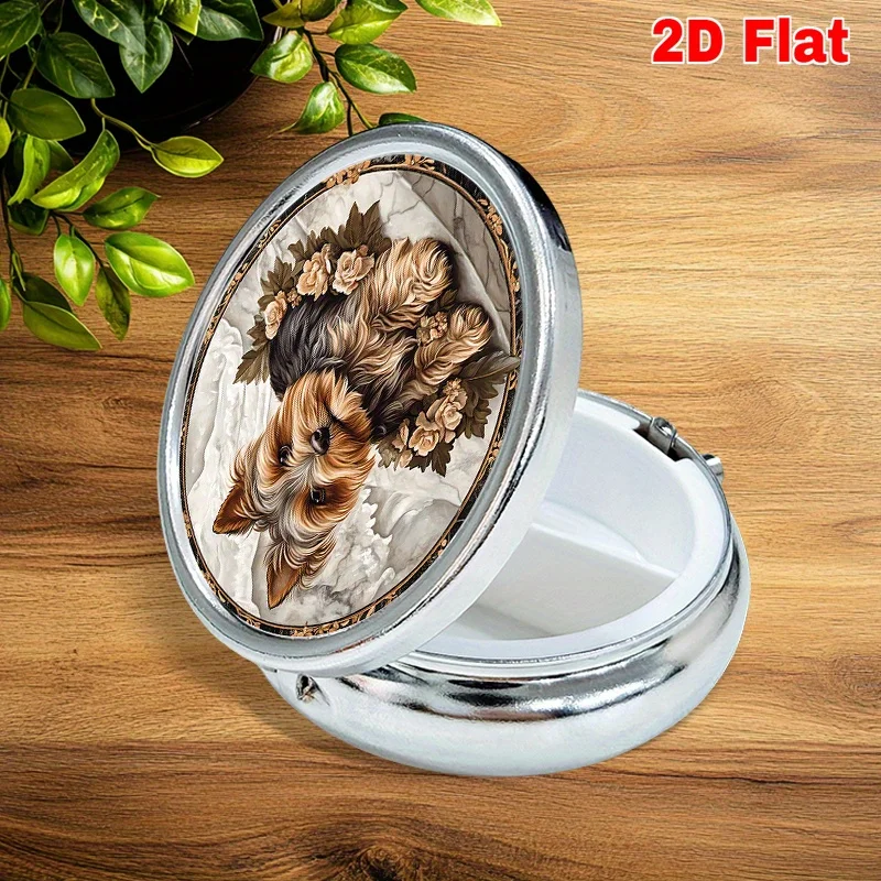 1 Portable Round Pill Box - Food-Grade Safe Design, 3 Compartments, Decorated with a Vintage Yorkshire Terrier Dog Dancing with a Colorful Wreath, Compact and Portable, Can Store Vitamins, Medicines, Pet Supplements, and Can Also Be Used as a Decorative M