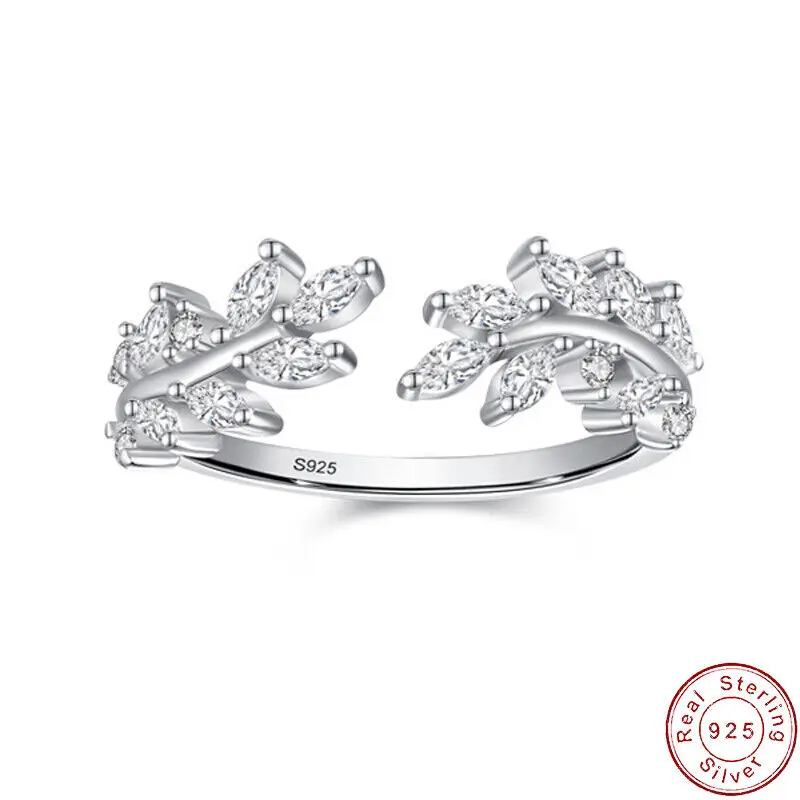 

European Leaves Pave Clear AAA CZ S925 Sterling Silver Finger Open Ring For Women Birthday Wedding Jewelry
