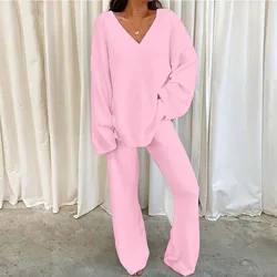 Autumn Winter Women's Comfortable Tracksuits Casual V-Neck Long Sleeve Pullover And Pants Warm Two Piece Set Women Fashion Sets