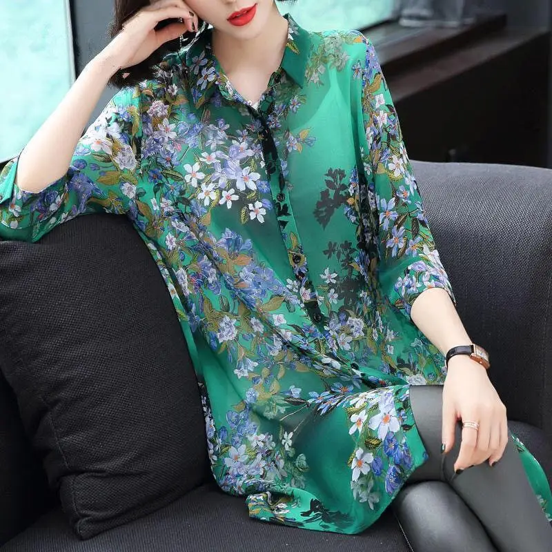 Thin Printing Elegant Korean Floral Three Quarter Sleeve Button Blouses Fashion Casual Turn-down Collar Women's Clothing 2023