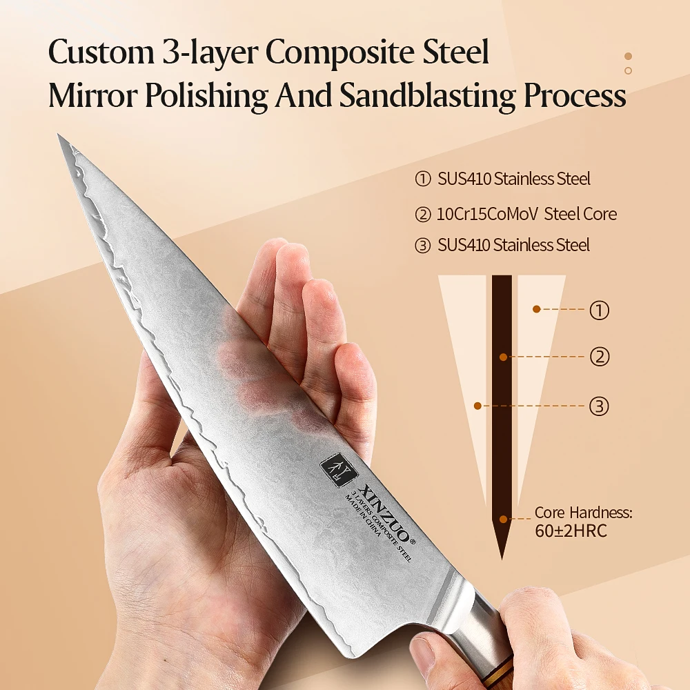 XINZUO 8.5\'\' Chef Knife 10Cr15CoMoV Steel Core Composite Steel Kitchen Knives Meat Tools with Japanese Style Pakkawood Handle