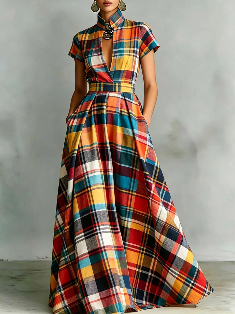 

Fashion Women Vintage Plaid Maxi Dress Stand Collar Short Sleeve High Waist Elegant Casual Holiday Daily Party Long Vestidos