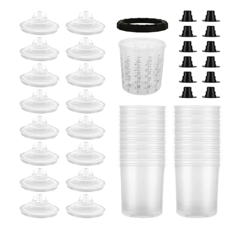 Juego de tazas de pintura desechables, juego de 25 unidades de revestimiento y tapas para pistolas de pulverización, tazas de pintura de 20 Oz (600 Ml)