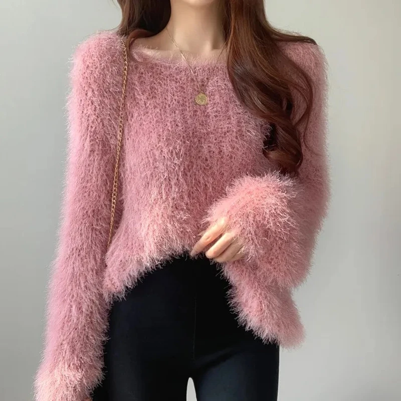 Vintage Korean Fluffy Sweater Women Imitation Mink Knit Pullovers Sexy Slash Neck Autumn Winter Warm Jumper Cute Short Sweaters