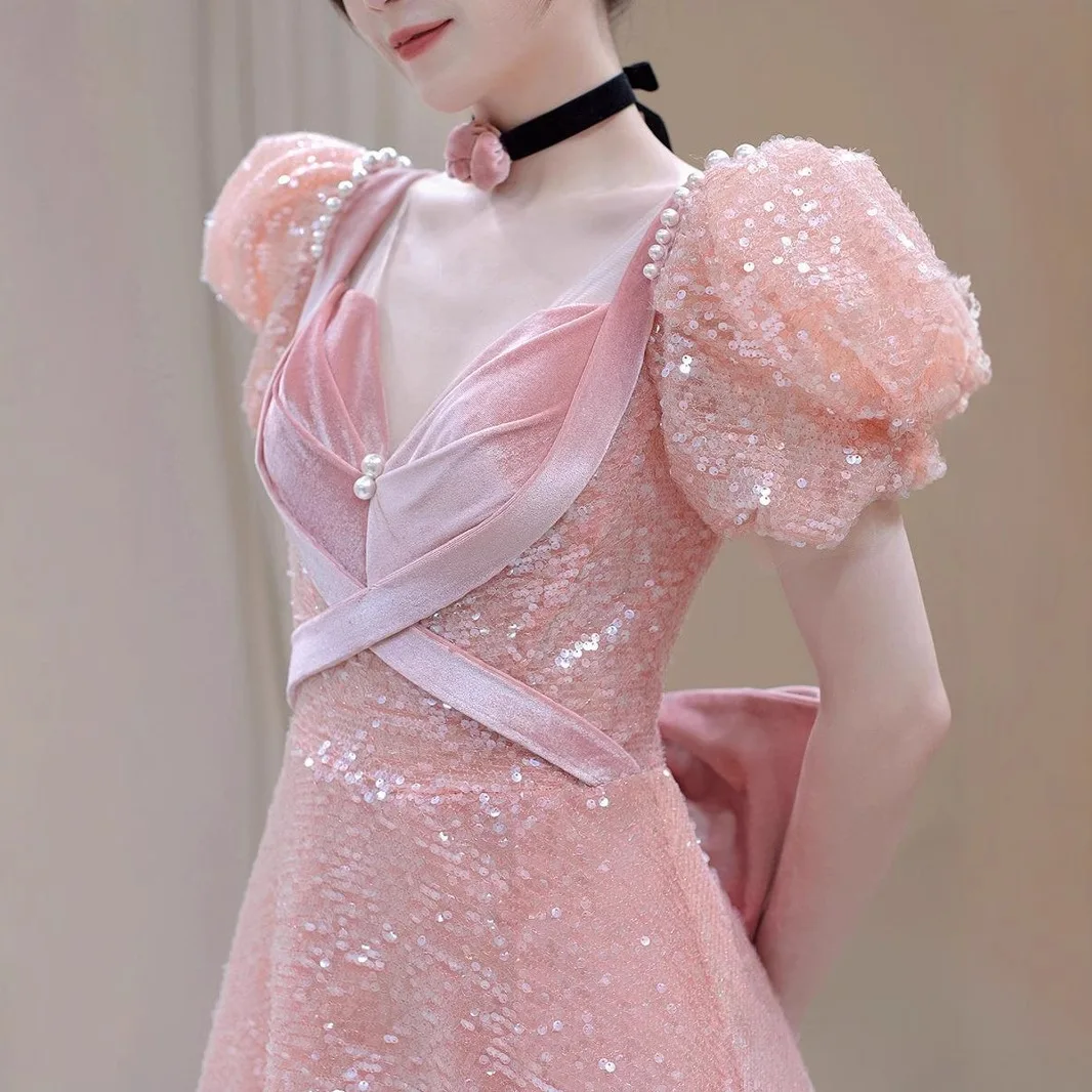 Sparkly Pink Long Prom Dress Sequine Ruffles Backless Bow Formal Birthday Party Gowns Robe De Soiree Vestidos Festa  Quinceanera