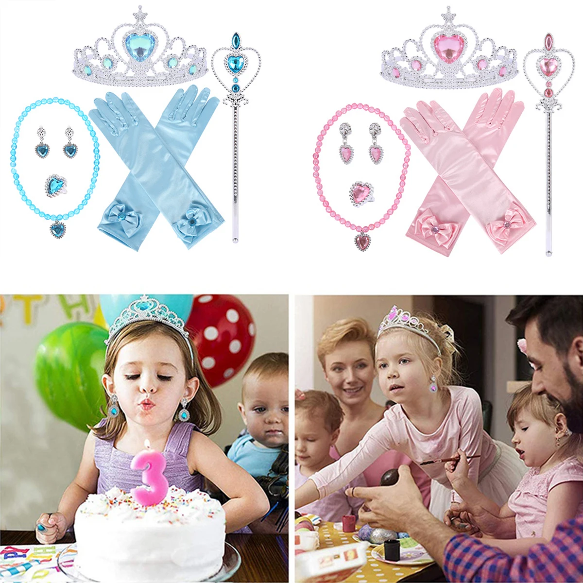 6Pcs Elsa Princess Accessories Girls Crown Gloves Wand Jewelry Set Necklace Kids Princess Queen Dress Clothing Cosplay Dress UP