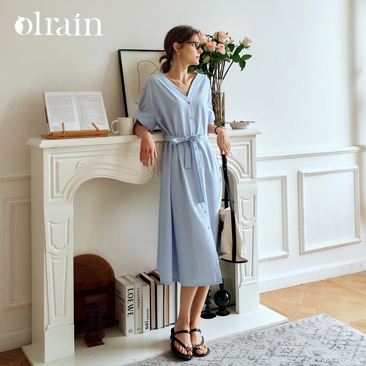 

OLrain Glacier Blue Womens Dresses 2025 Summer Casual Single Breasted V Neck Drop Sleeve Wrap Elegant Dress Lady O24XL90333