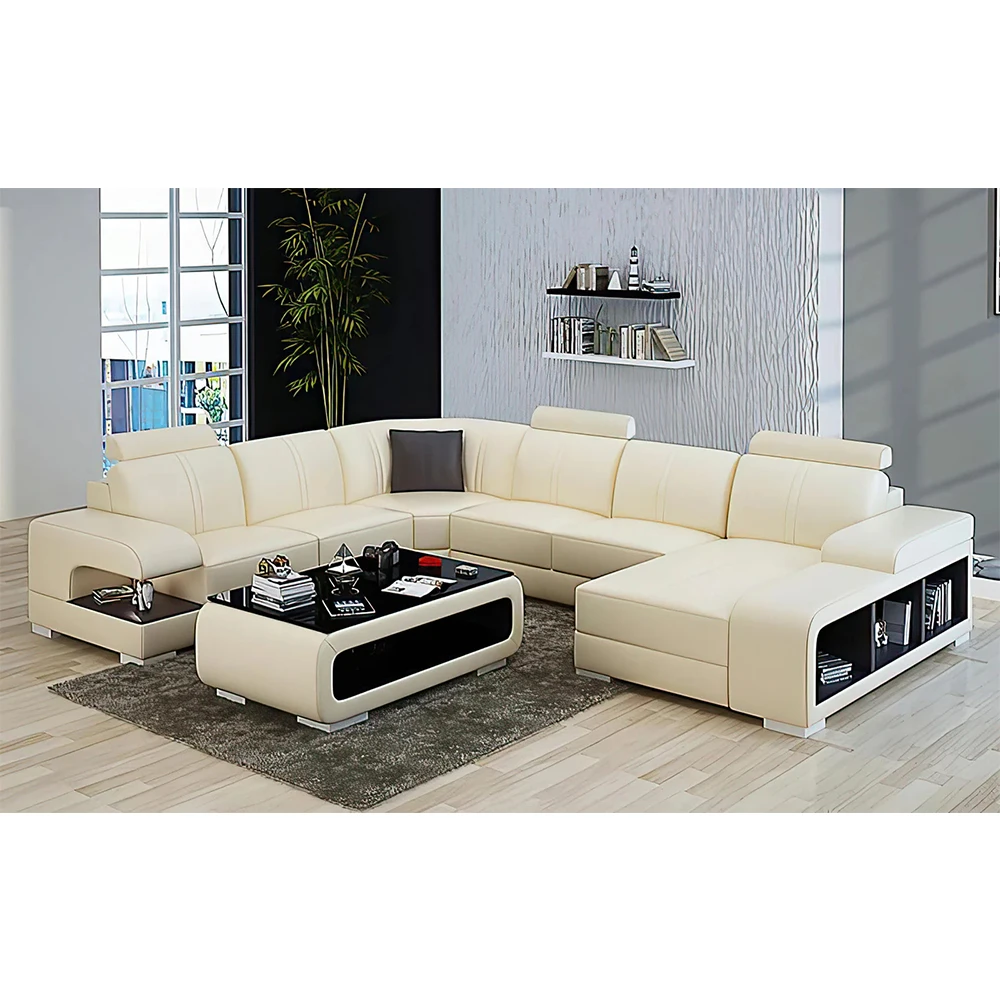 Linlamlim Modern U-Shape Italian Genuine Leather Sectional Sofa with LED Light for Living Room, Nordic Couch Sofas Seating Room