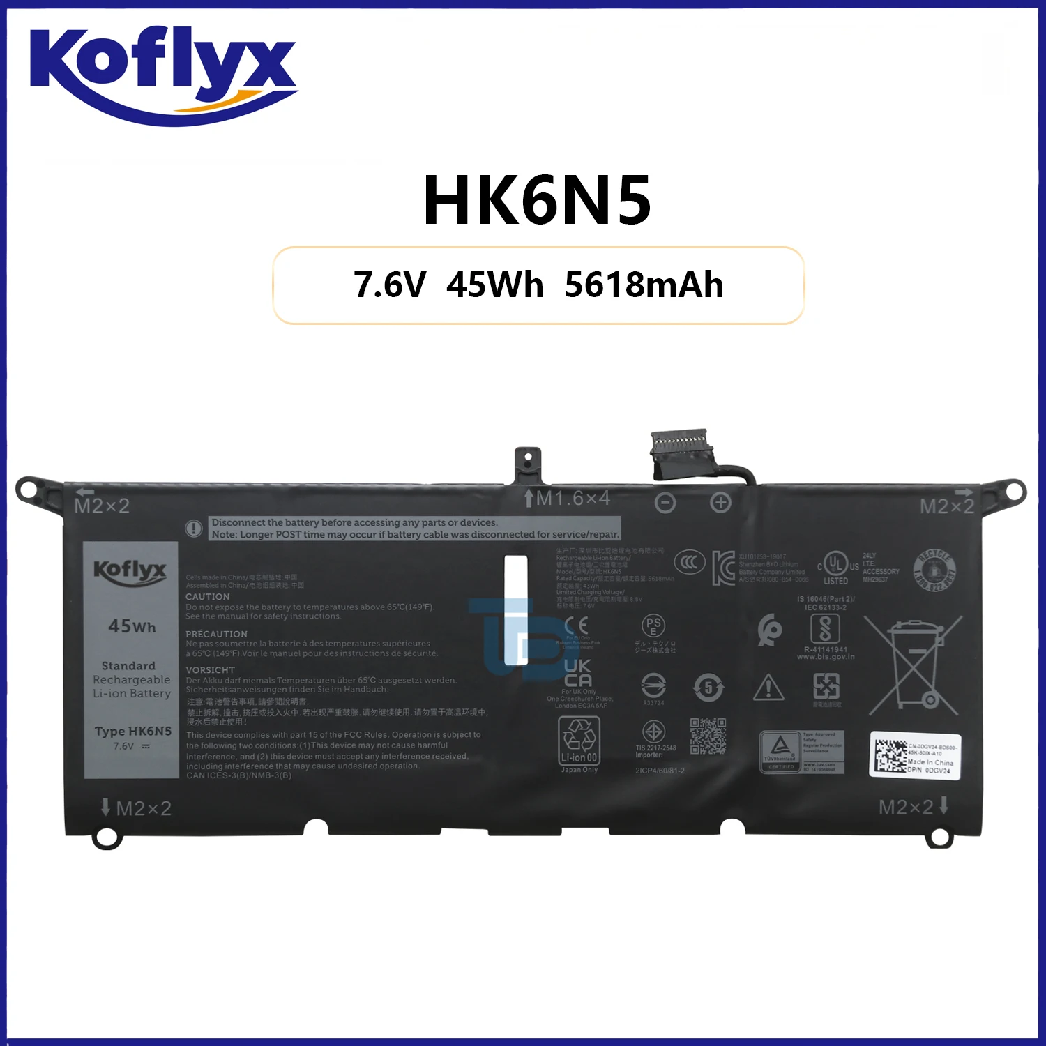 Batería nueva HK6N5 Koflyx para portátil Dell Inspiron 13 5000 7000/14 7000 Latitude 3301 Vostro 13 5000 XPS 13 9305 9370 9380